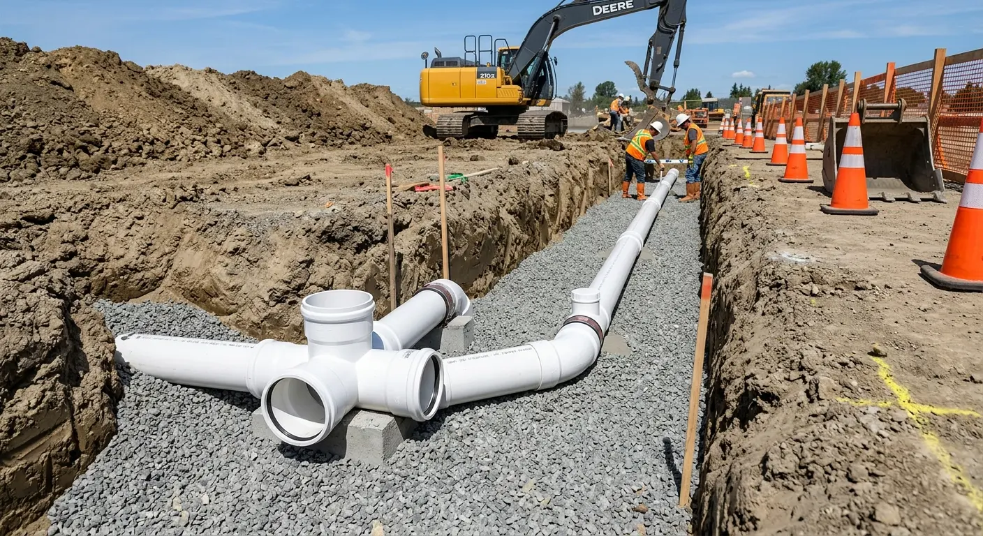 New PVC sewer pipe installation in open trench for Sewer Backup in Millcreek