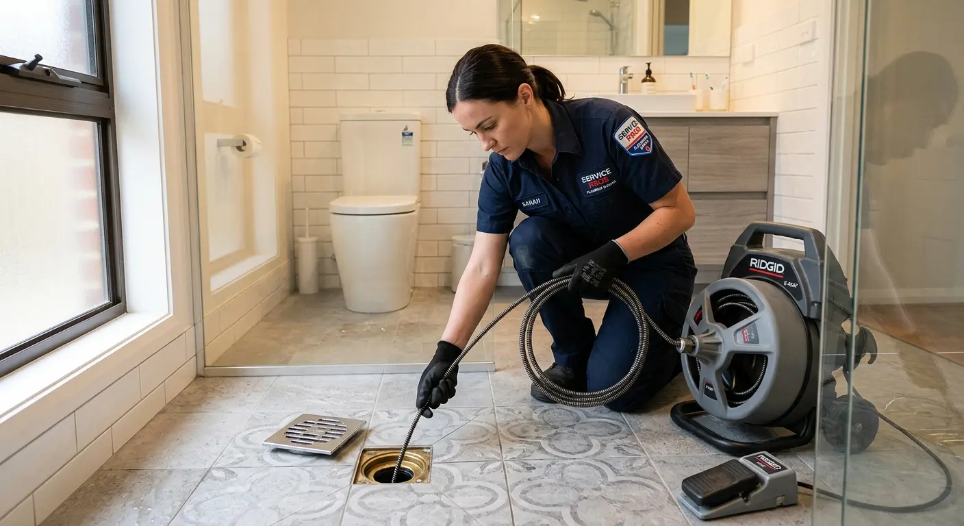 Technician clearing a bathroom floor drain for Drain Cleaning in Millcreek